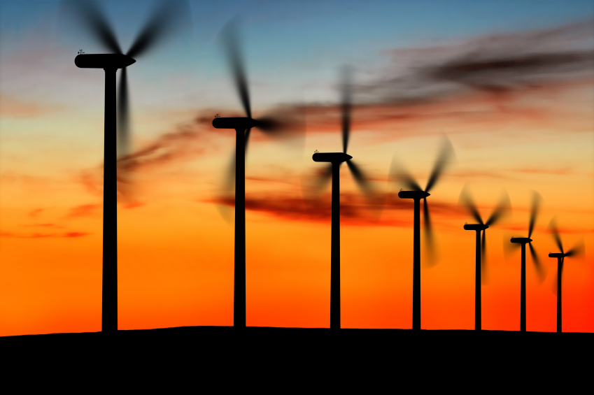 wind farm at dusk